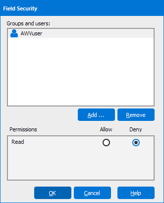 This image is the Field Security dialog where security can be applied to Groups and Users.